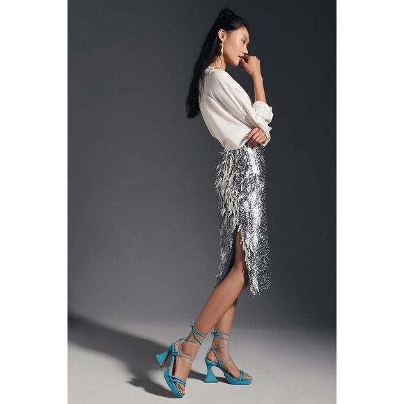 NWT Anthropologie Sequin Fringe Skirt 0P Silver Pencil Cocktail HTF - Picture 3 of 11